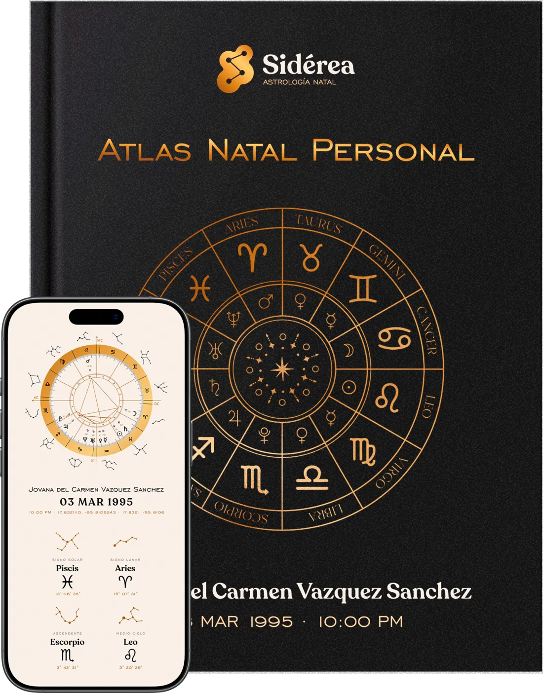 Atlas natal de Sidérea con la carta ilustrada y su lectura